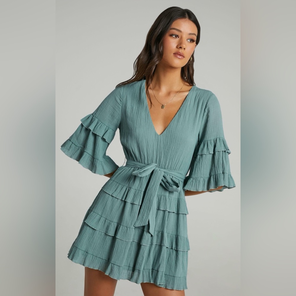 Showpo Tiered Ruffle Short Sleeve Seafoam Mini Dress 6 Blue Green Meet Me In Sun